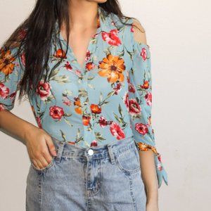 Floral Blouse - Long Sleeve - Open Shoulder